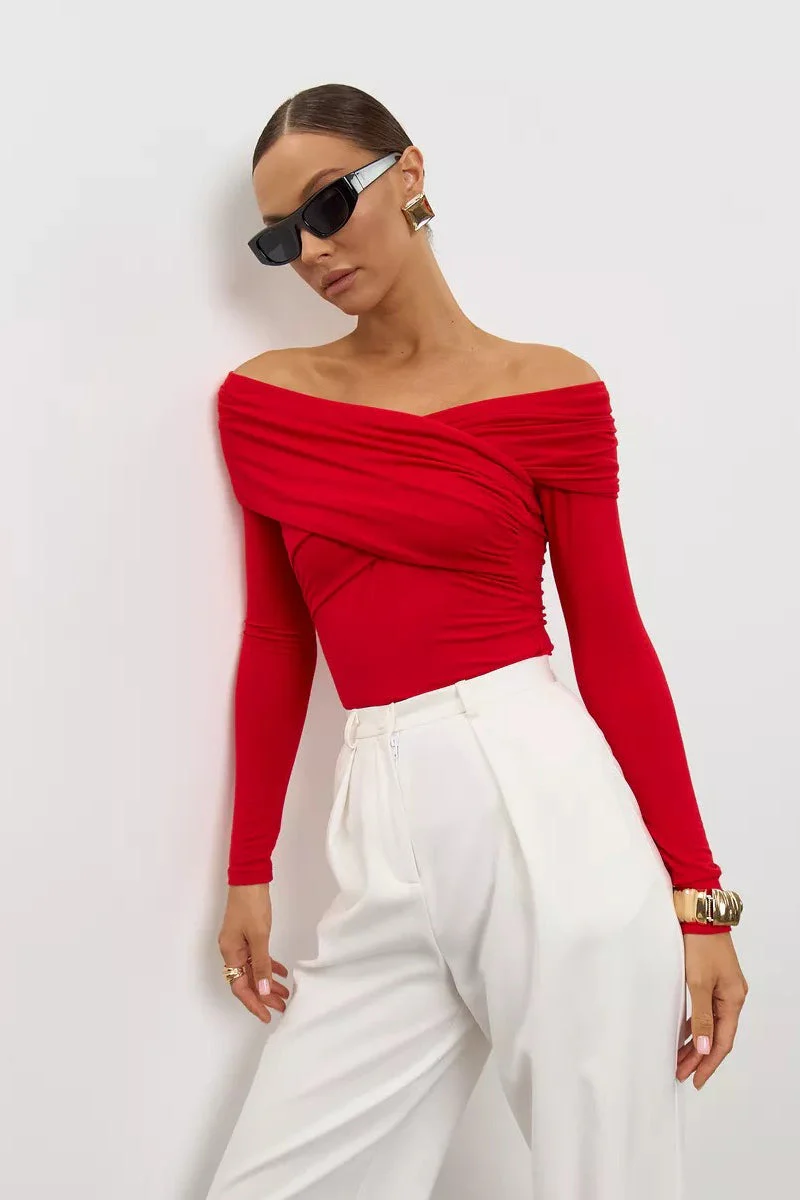 Ruched Cross Slim Bare-Shoulder Long Sleeve Tee - Image 2