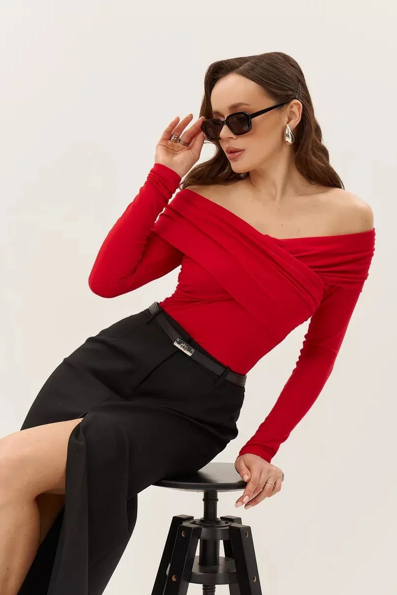 Ruched Cross Slim Bare-Shoulder Long Sleeve Tee - Image 3