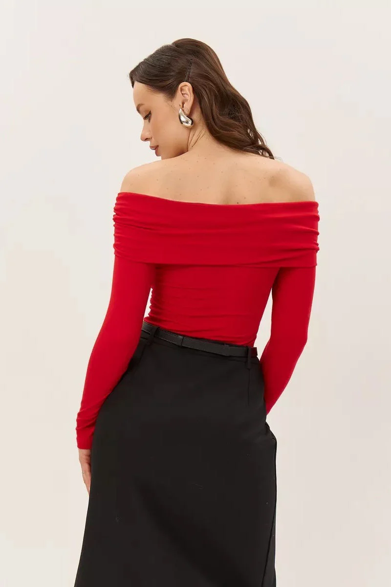 Ruched Cross Slim Bare-Shoulder Long Sleeve Tee - Image 4