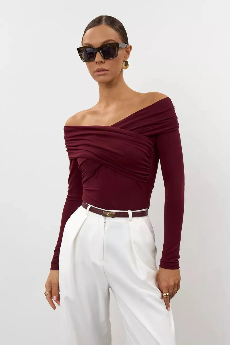 Ruched Cross Slim Bare-Shoulder Long Sleeve Tee - Image 5