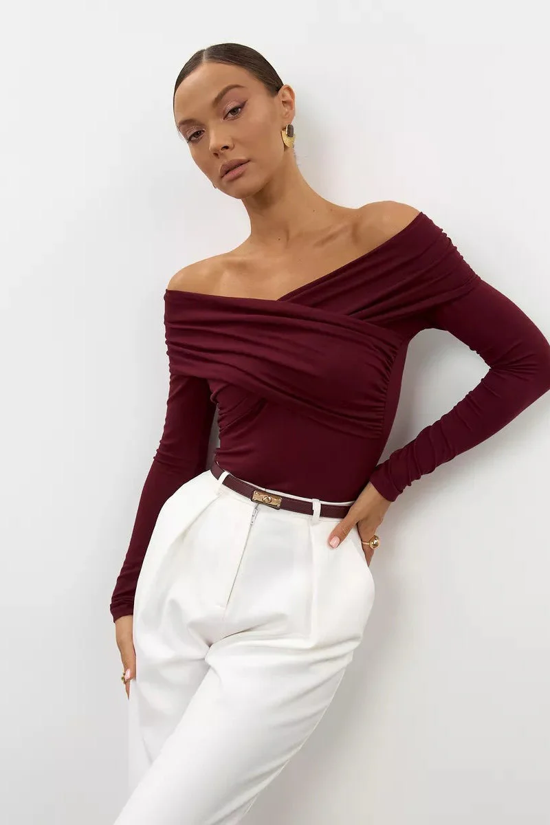 Ruched Cross Slim Bare-Shoulder Long Sleeve Tee - Image 6