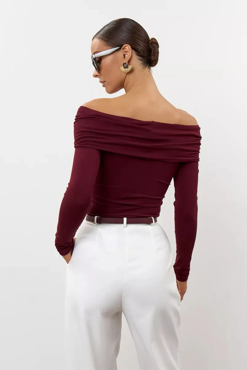 Ruched Cross Slim Bare-Shoulder Long Sleeve Tee - Image 7