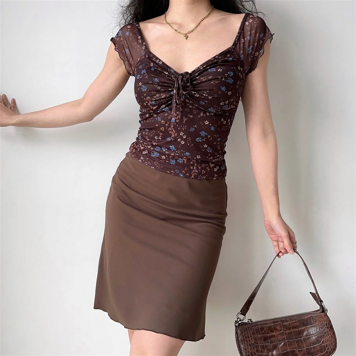 Ruched Floral V Neck Slim Sexy Blouse - Image 2