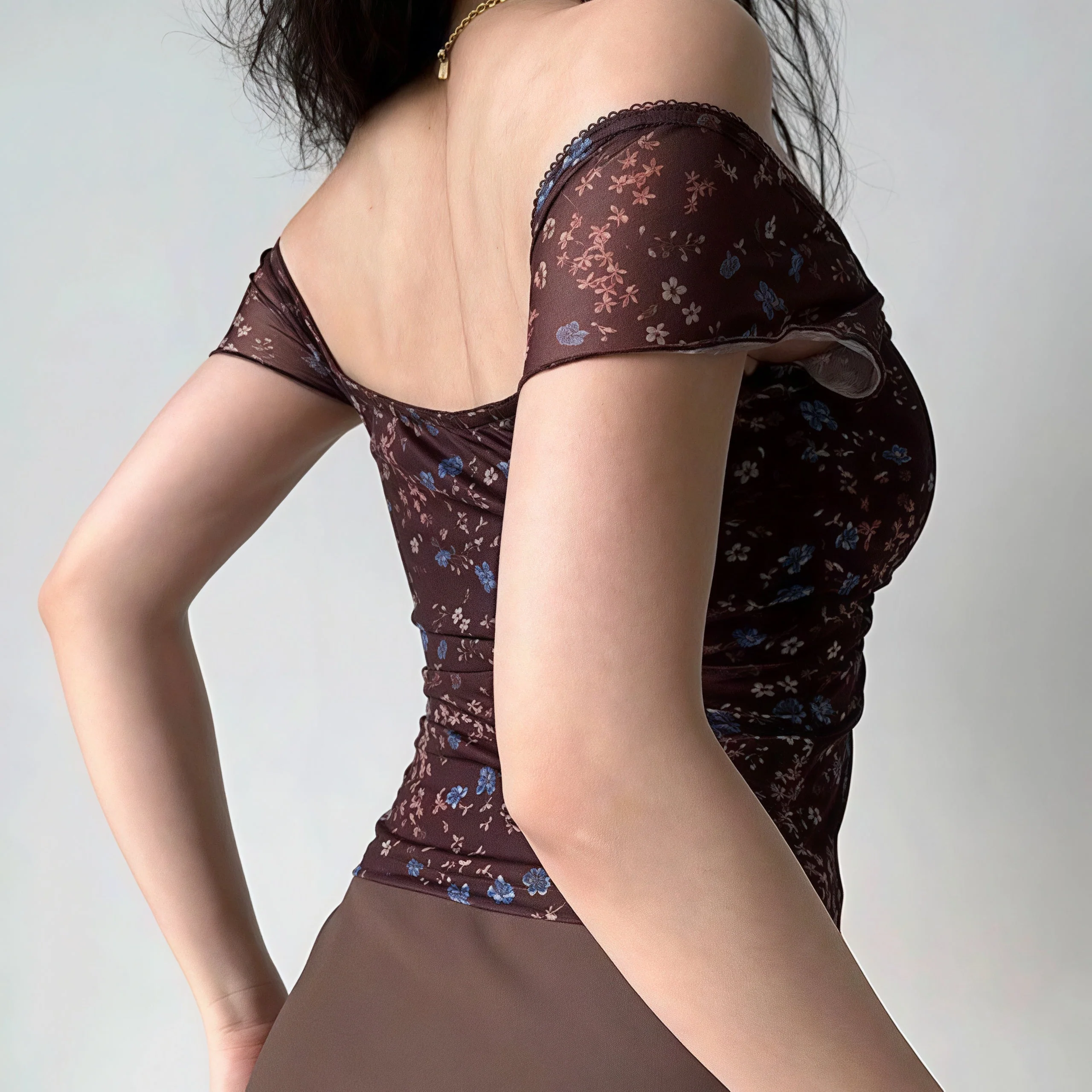 Ruched Floral V Neck Slim Sexy Blouse - Image 5