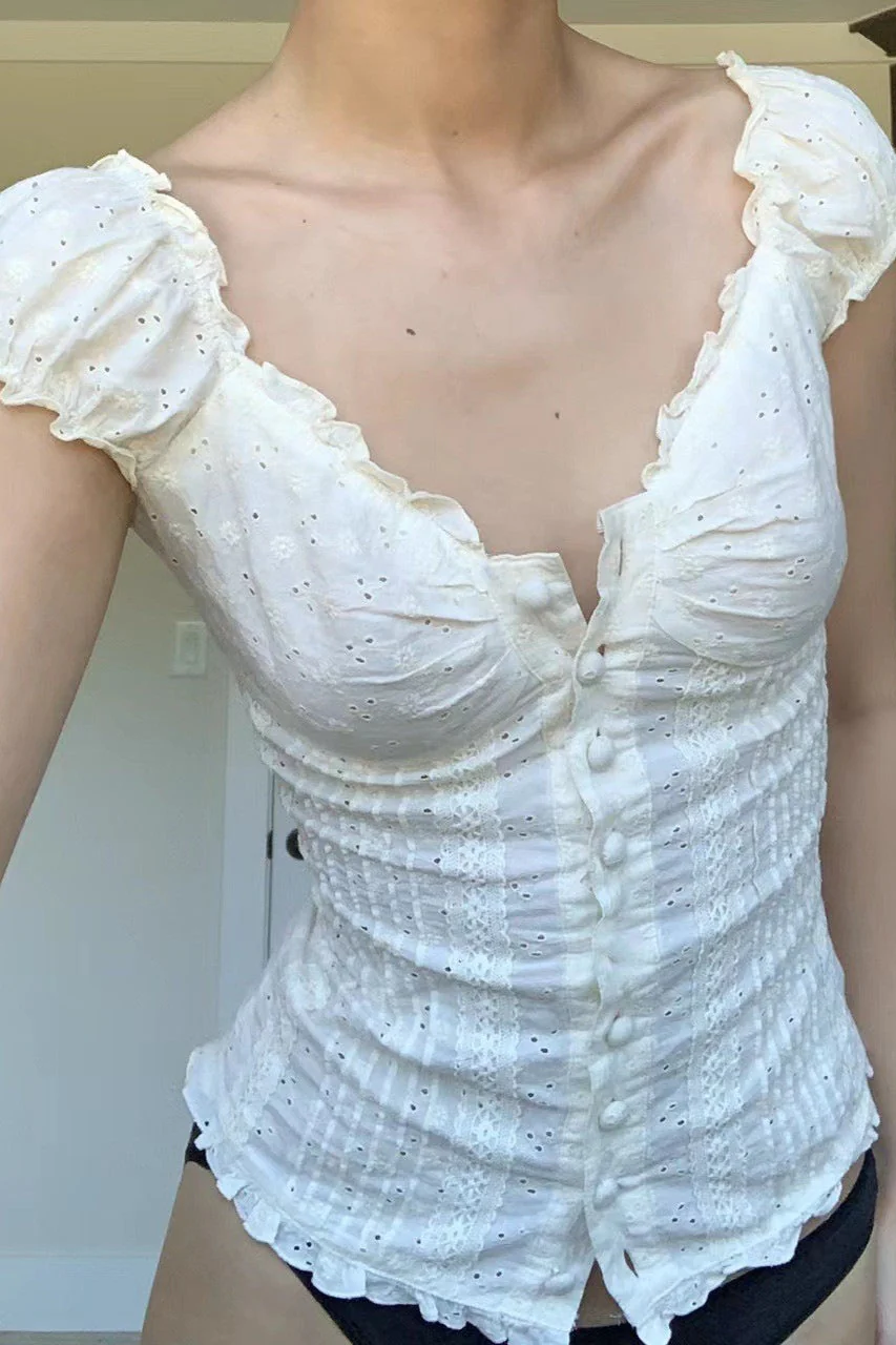 Ruched Low Neck Button Ruffled Lace Tank Top - Image 2