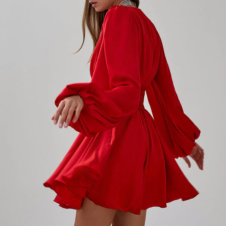Ruched Puff Sleeve V Neck Waist Belt Satin A Line Mini Dress - Image 3