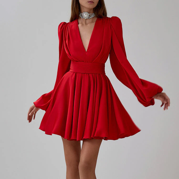 Ruched Puff Sleeve V Neck Waist Belt Satin A Line Mini Dress - Image 4