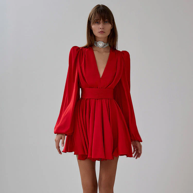 Ruched Puff Sleeve V Neck Waist Belt Satin A Line Mini Dress - Image 5