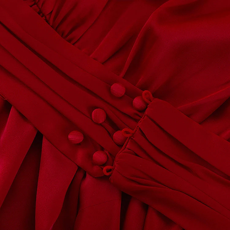 Ruched Puff Sleeve V Neck Waist Belt Satin A Line Mini Dress - Image 6
