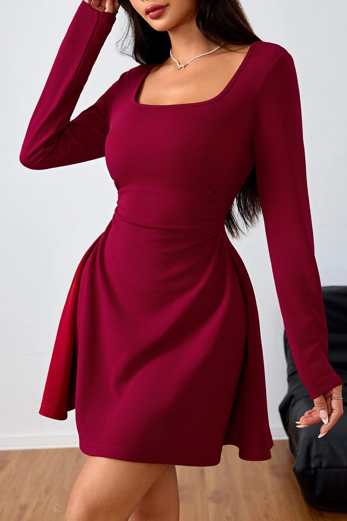 Ruched Solid Square Neck High Waist Elegant Mini Dress - Image 4