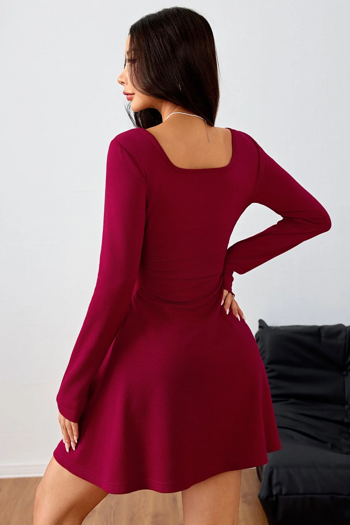 Ruched Solid Square Neck High Waist Elegant Mini Dress - Image 5