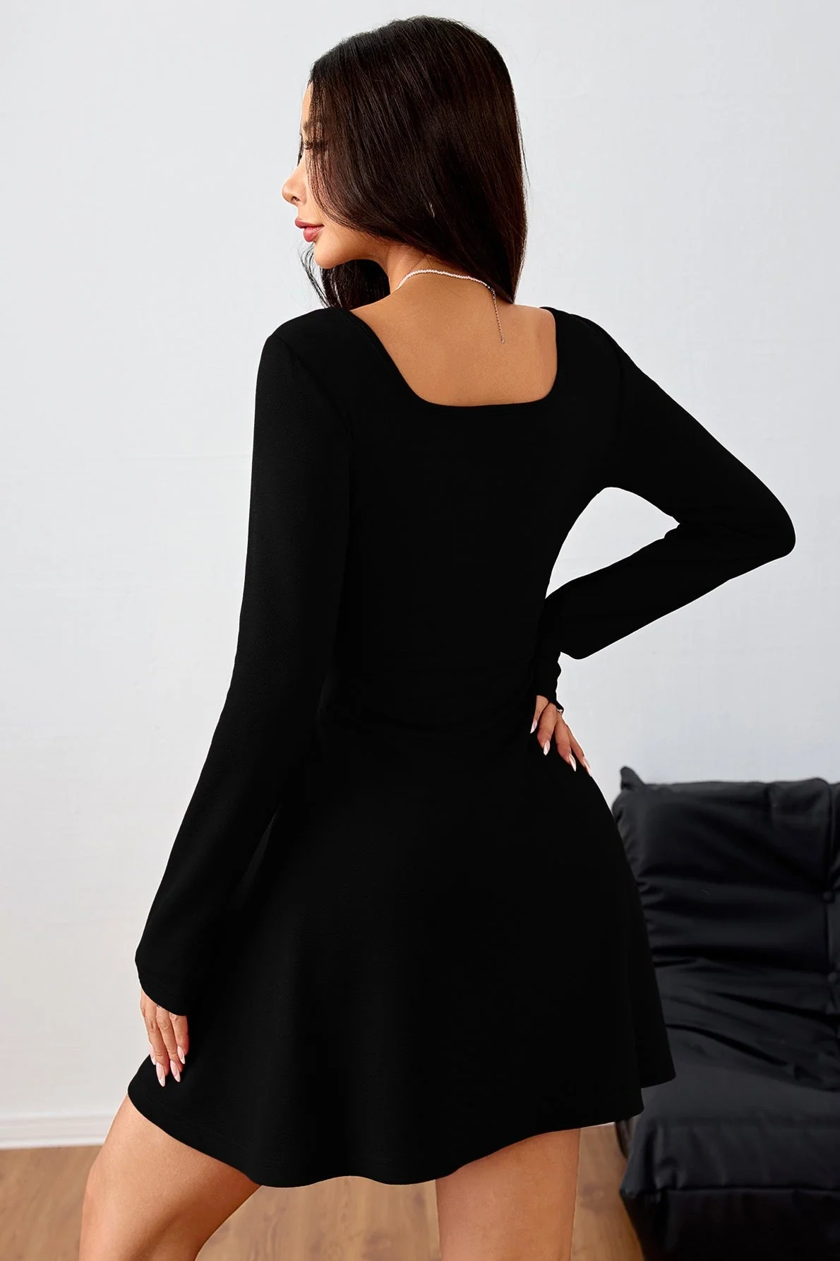 Ruched Solid Square Neck High Waist Elegant Mini Dress - Image 8