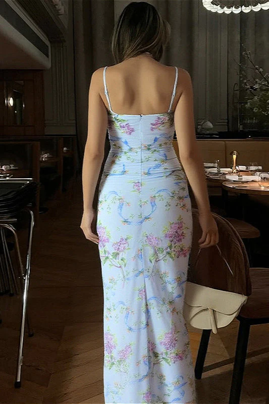 Ruched Split Spaghetti Strap Backless Floral Dress - Image 4