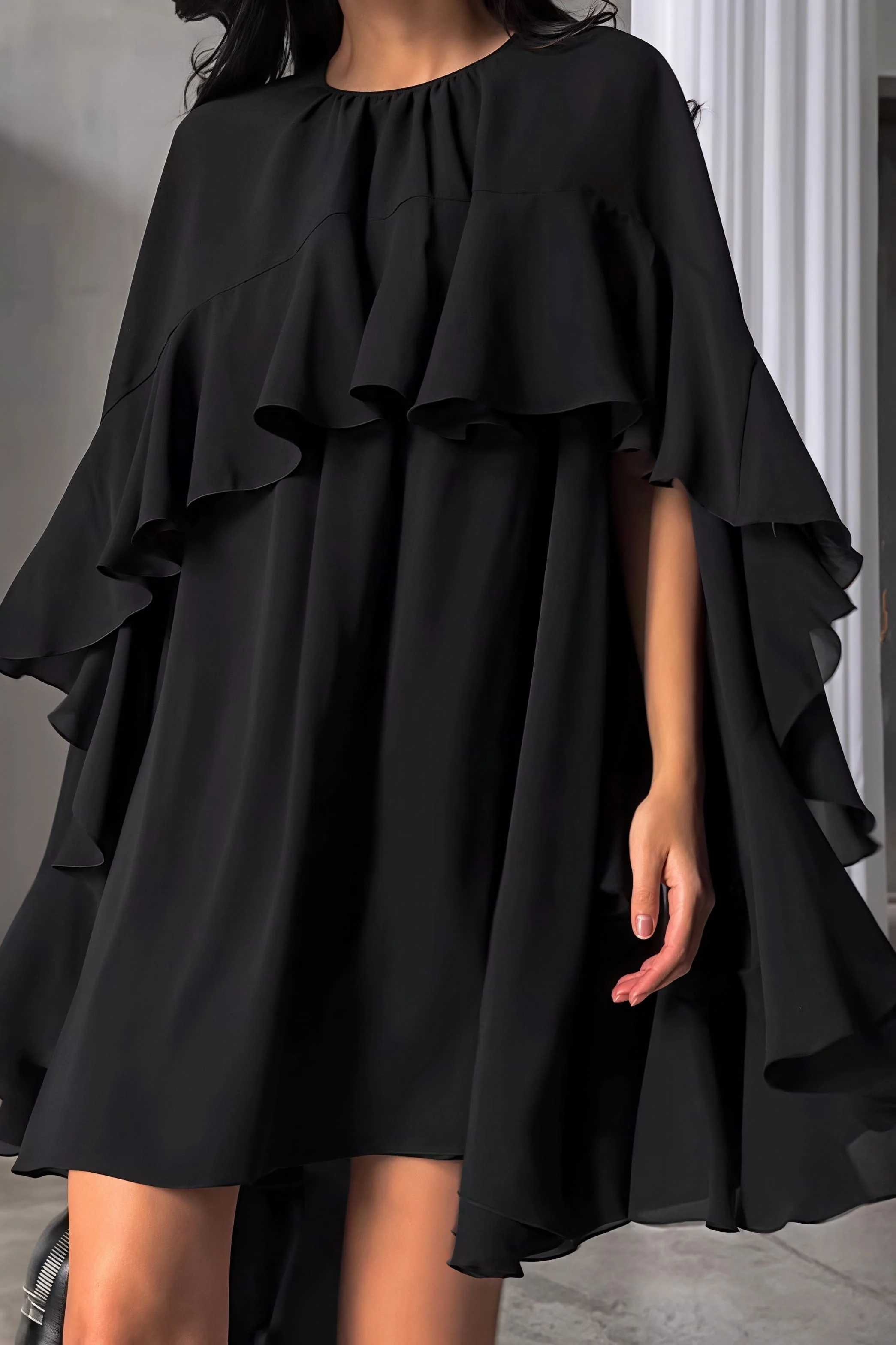 Ruffle Cape Half Sleeve Elegant Mini Dress - Image 4