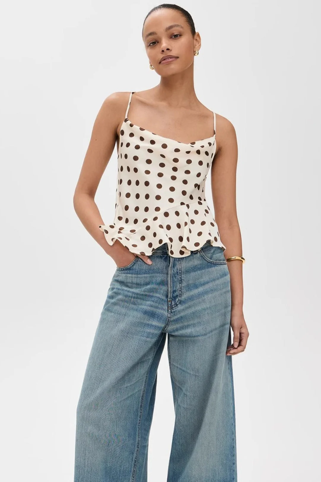Ruffle Draped Neck Polka Dot Tie Back Cami Top - Image 4