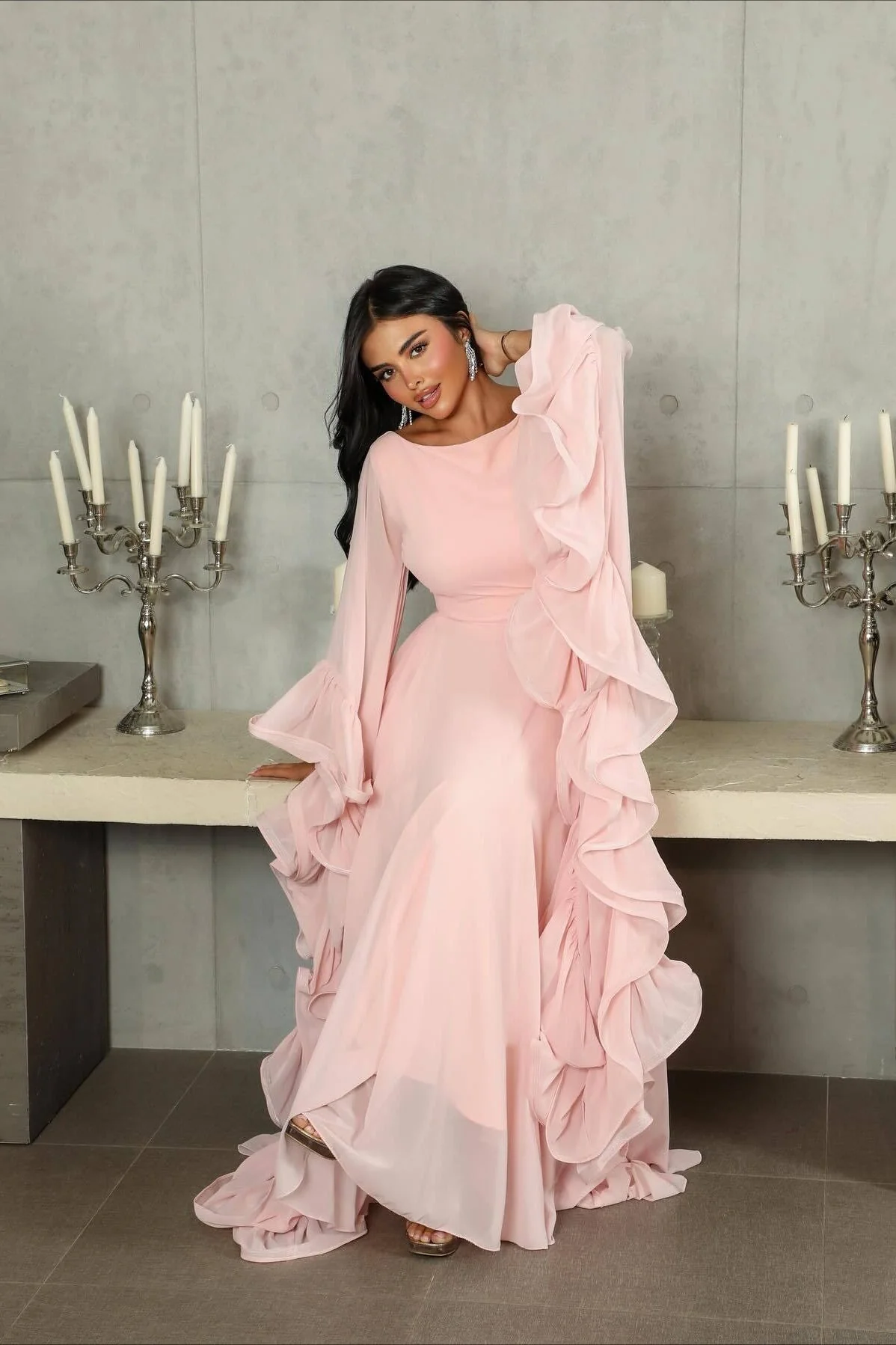 Ruffle Flared Sleeve Tulle Puff Tiered Maxi Dress - Image 3