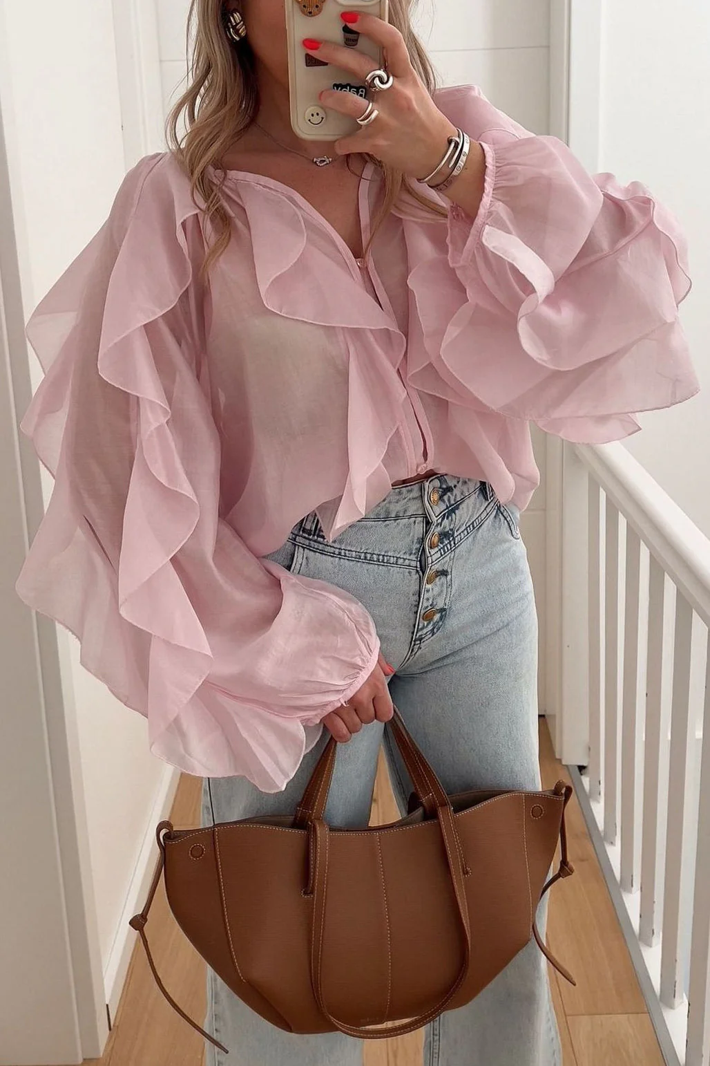 Ruffle V Neck Commuter Fashion Blouse - Image 2