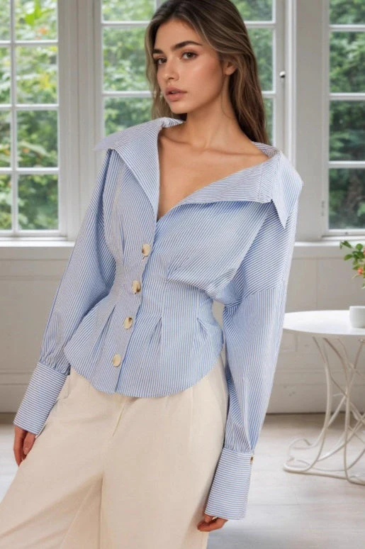 Ruffled Collared Puff Sleeve Striped Blouse - Image 2