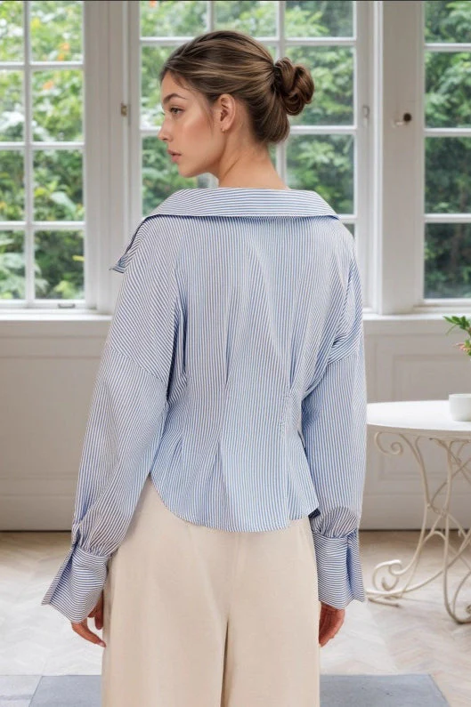 Ruffled Collared Puff Sleeve Striped Blouse - Image 3