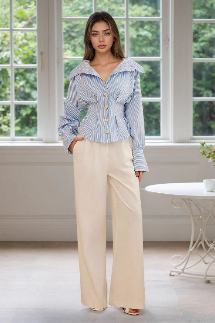 Ruffled Collared Puff Sleeve Striped Blouse - Image 4