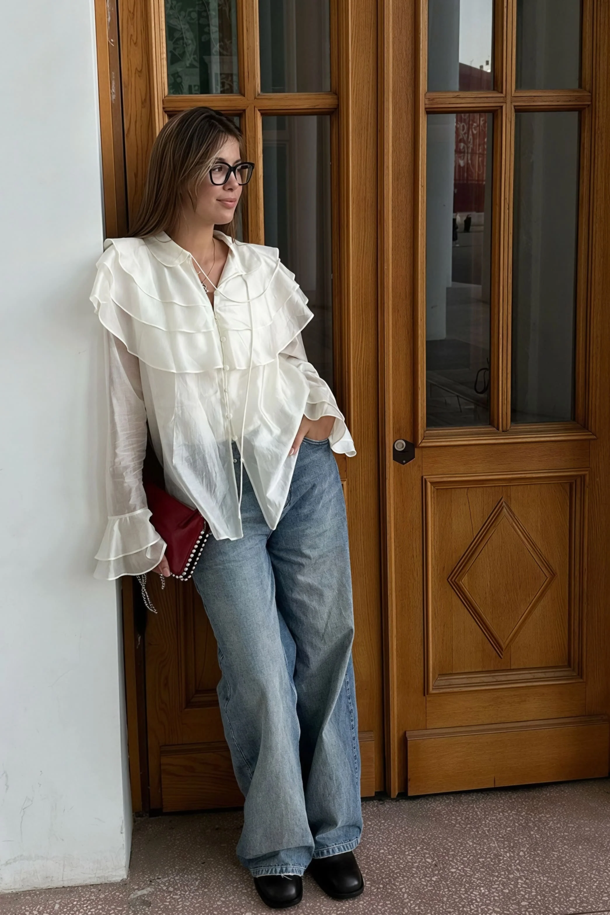 Ruffled Flare Sleeve Tencel Chiffon Blouse - Image 3