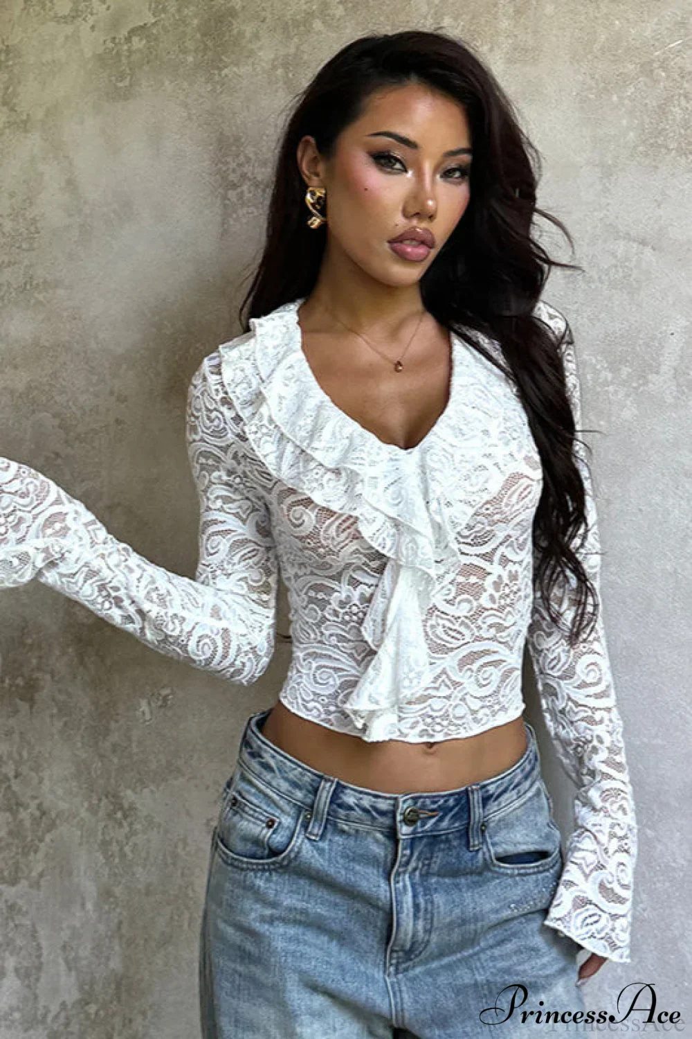 Ruffled Lace Trim Long Sleeve Tee - Image 3