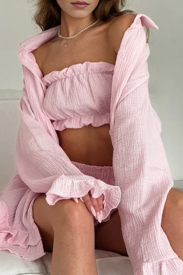 Ruffled Loose Casual Long Sleeve Three Piece Set - Image 3