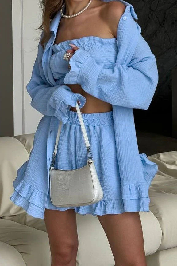 Ruffled Loose Casual Long Sleeve Three Piece Set - Image 5