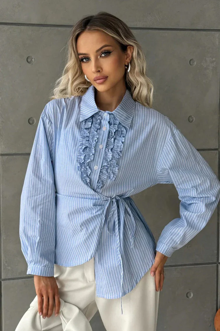 Ruffled Striped Tie Waist Blouse - Image 2