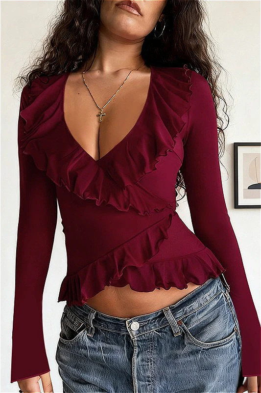 Ruffled Tie Front V Neck Cinched Asymmetric Long Sleeve Tee - Image 2