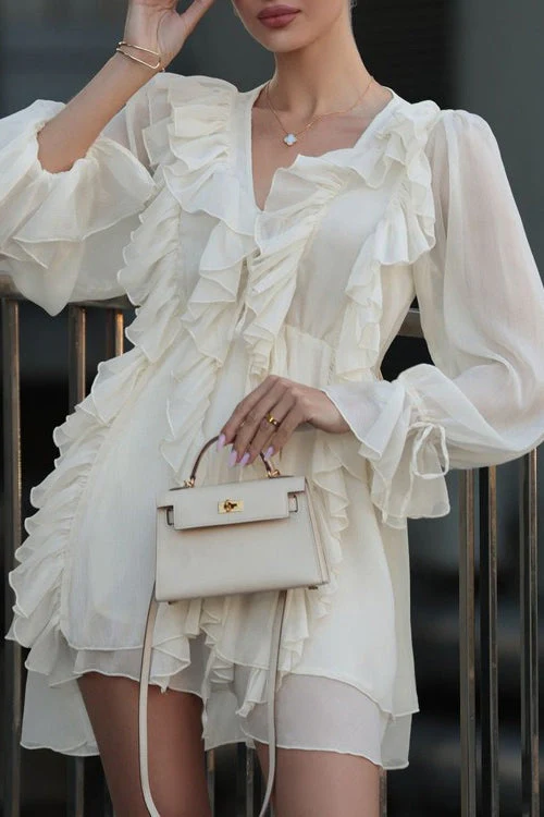 Ruffled Tie V Neck Long Sleeve A Line Mini Dress - Image 3