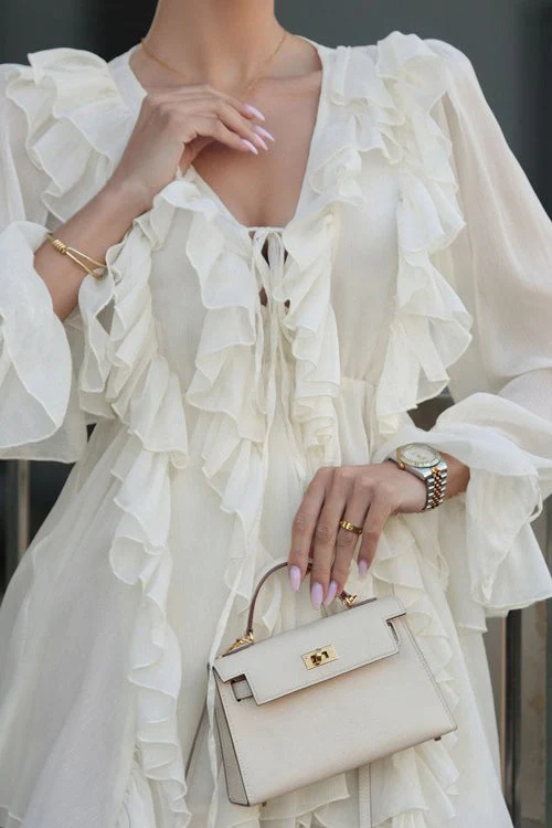 Ruffled Tie V Neck Long Sleeve A Line Mini Dress - Image 4