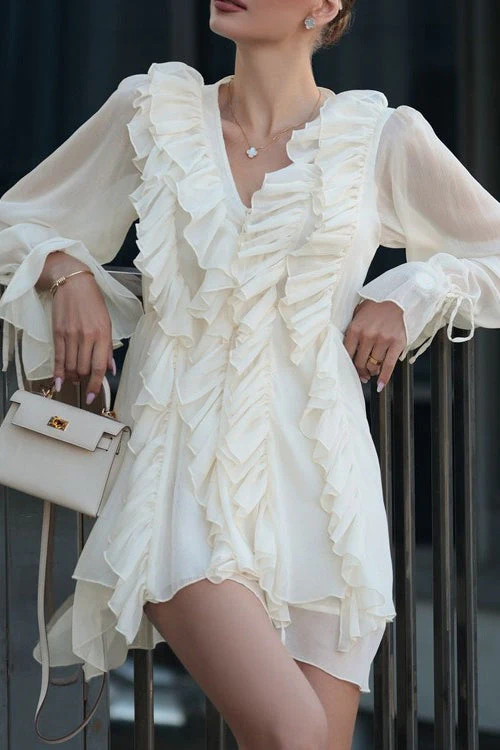 Ruffled Tie V Neck Long Sleeve A Line Mini Dress - Image 5