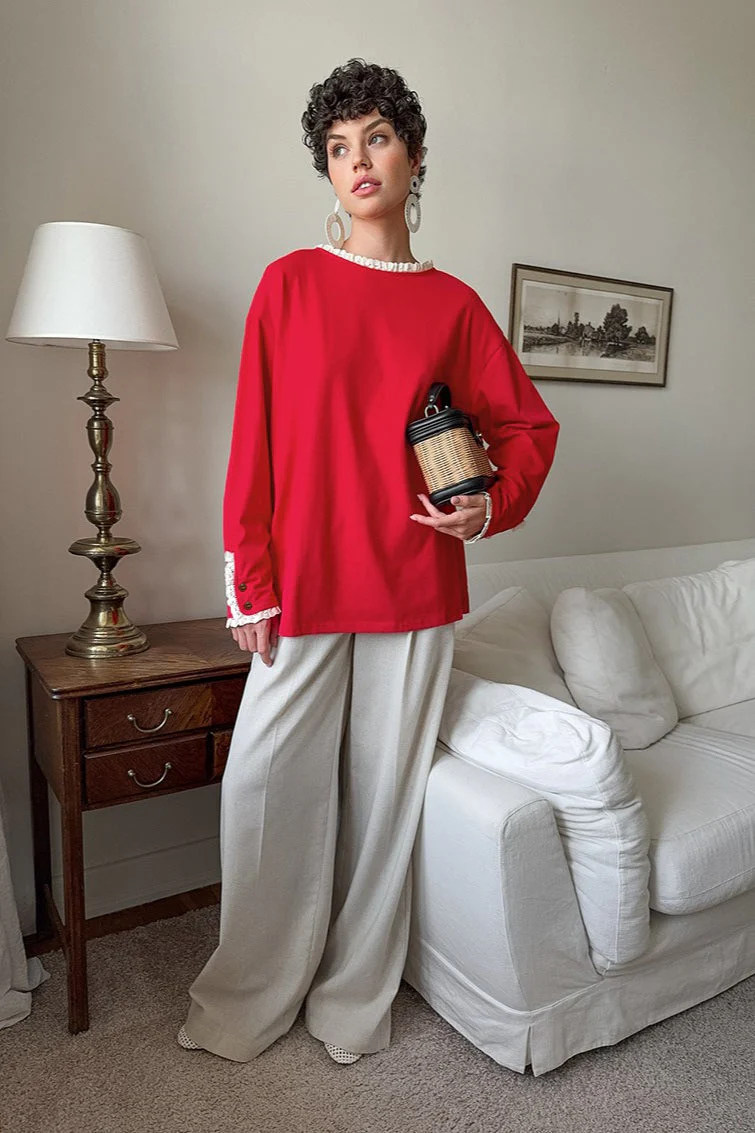 Ruffled Trim Paneled Loose Round Neck Long Sleeve Tee - Image 3