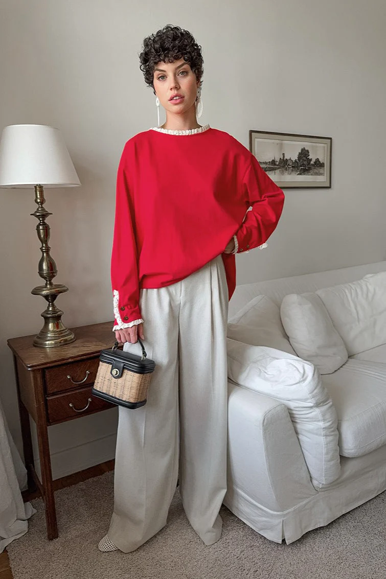Ruffled Trim Paneled Loose Round Neck Long Sleeve Tee - Image 4