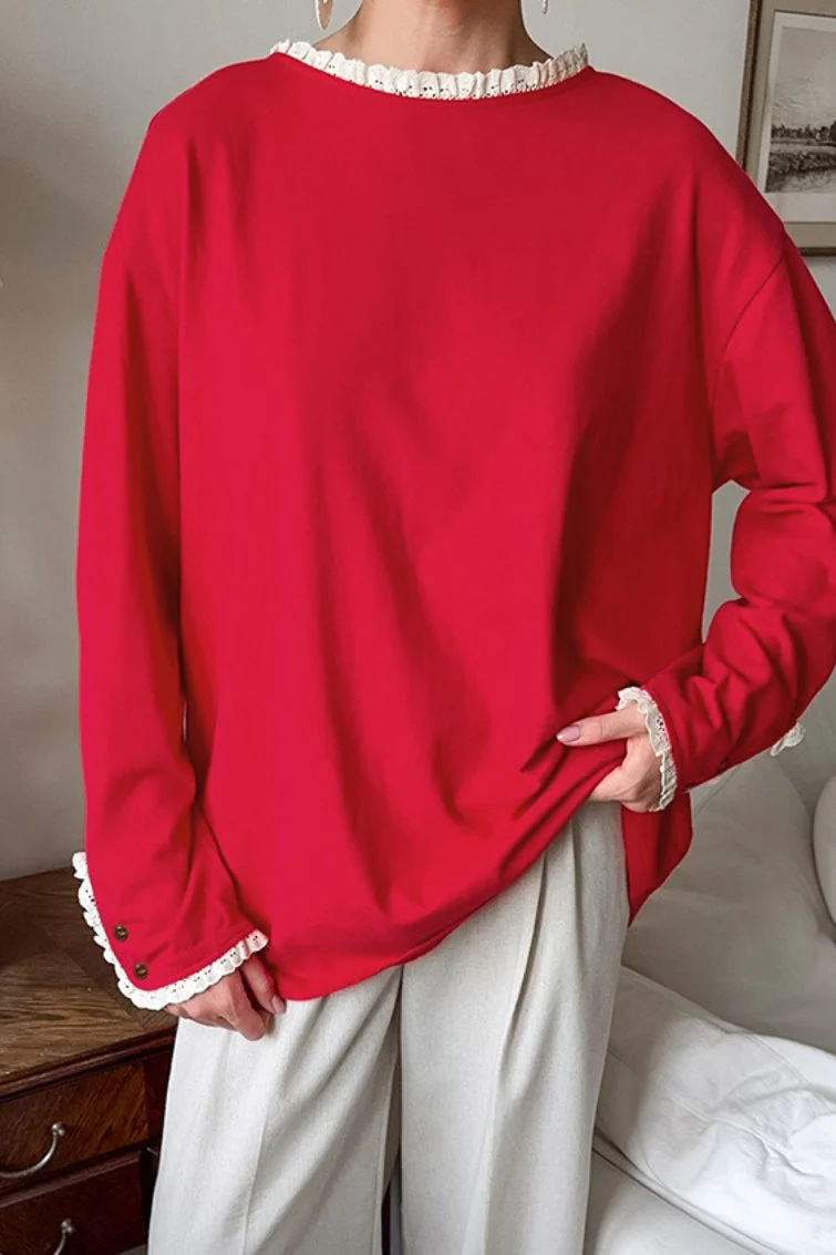 Ruffled Trim Paneled Loose Round Neck Long Sleeve Tee - Image 5