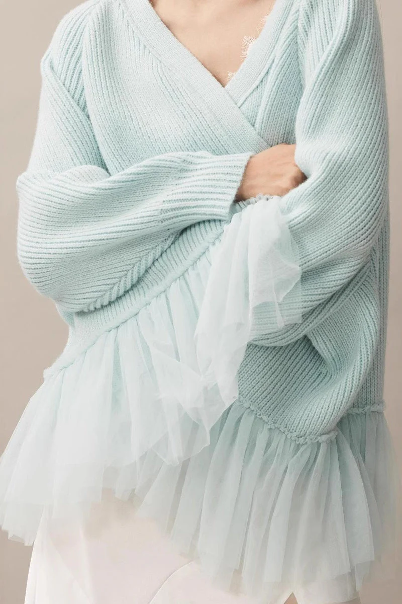 Ruffled Tulle Knit Long-Sleeve Cardigan - Image 2