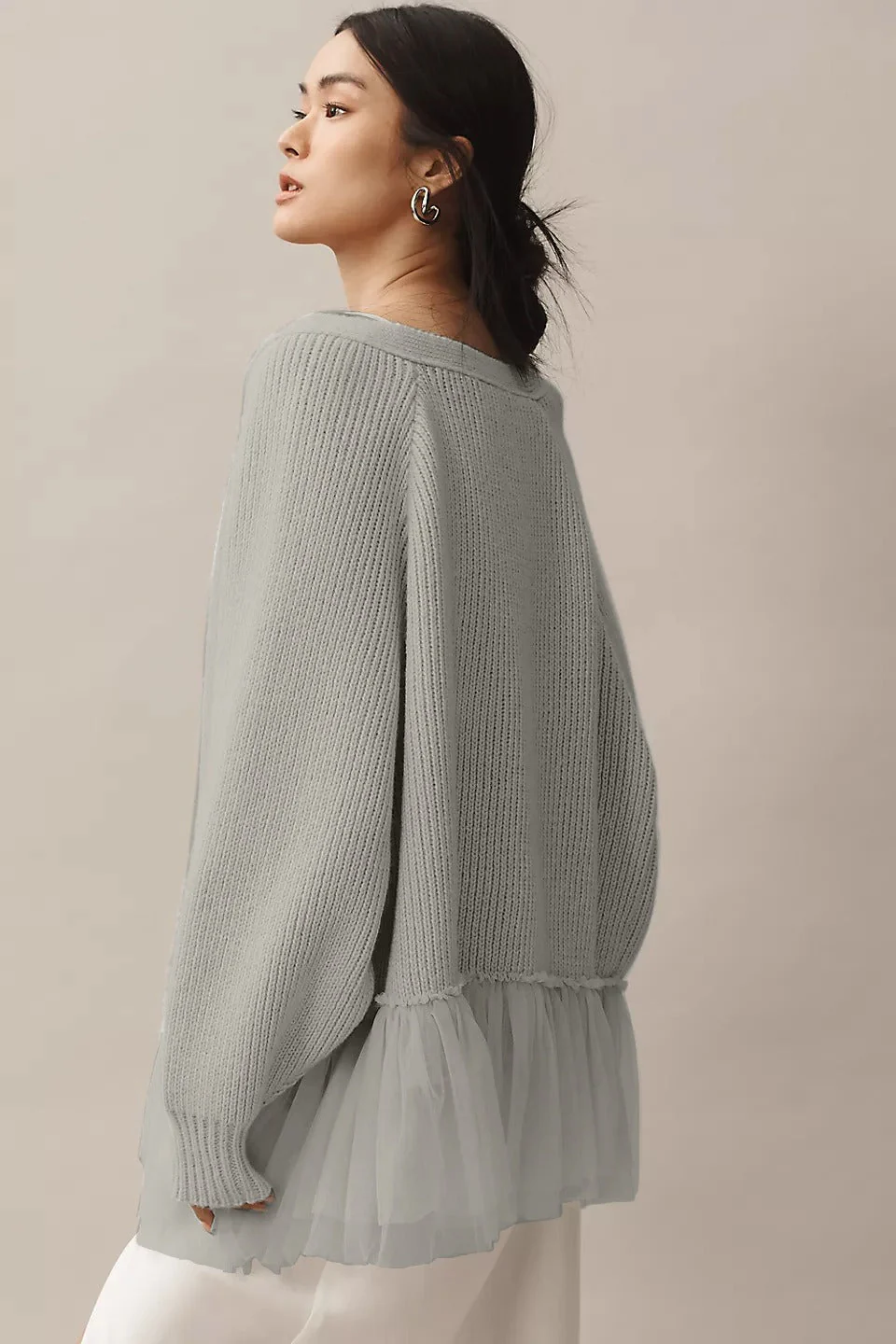 Ruffled Tulle Knit Long-Sleeve Cardigan - Image 9