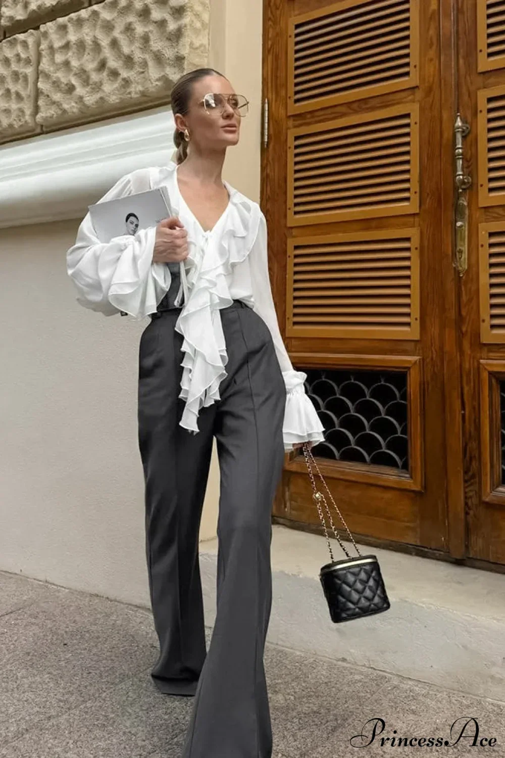 Ruffled V-Neck Long-Sleeve Tie-Waist French Blouse - Image 2