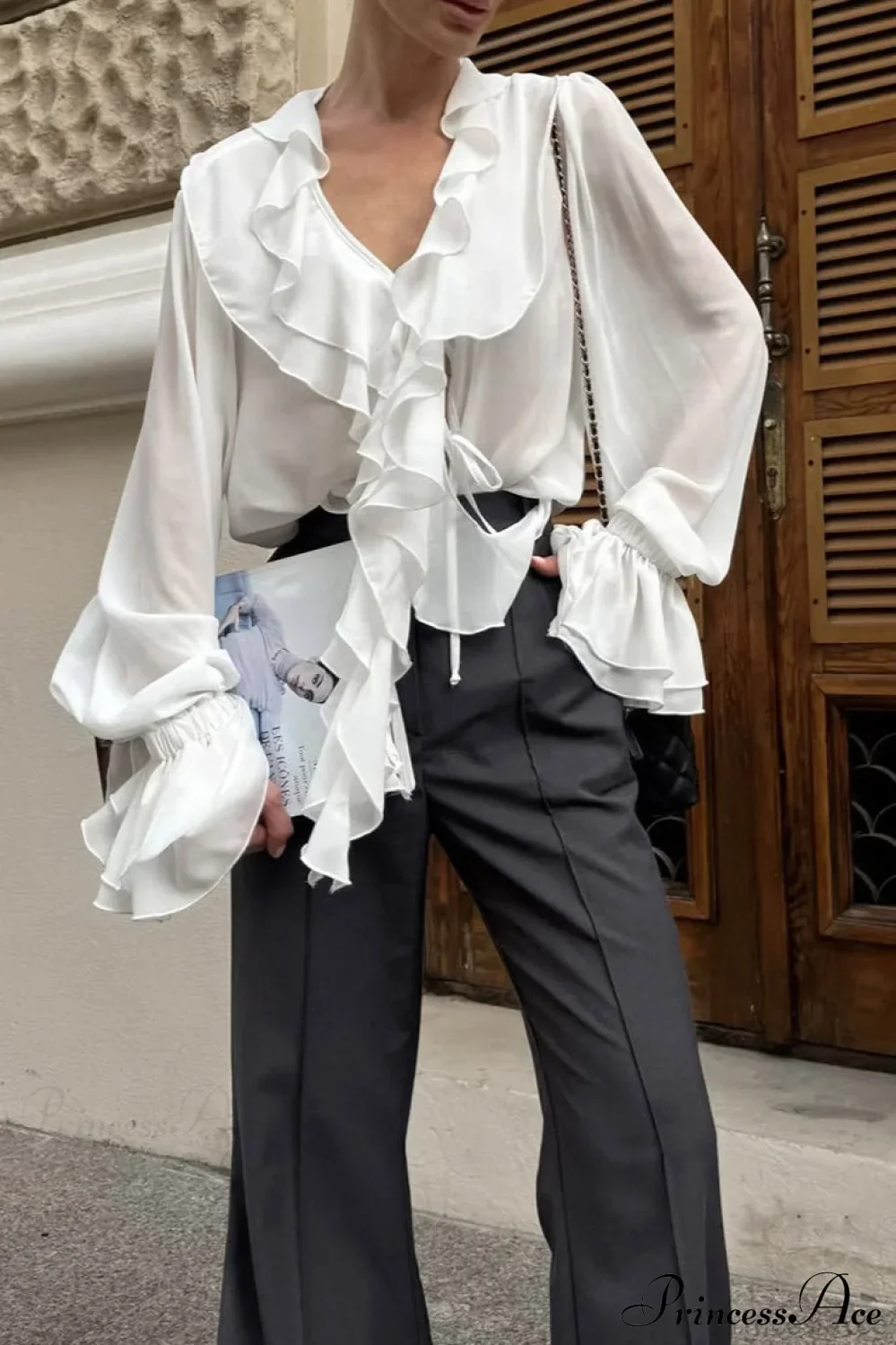 Ruffled V-Neck Long-Sleeve Tie-Waist French Blouse - Image 3