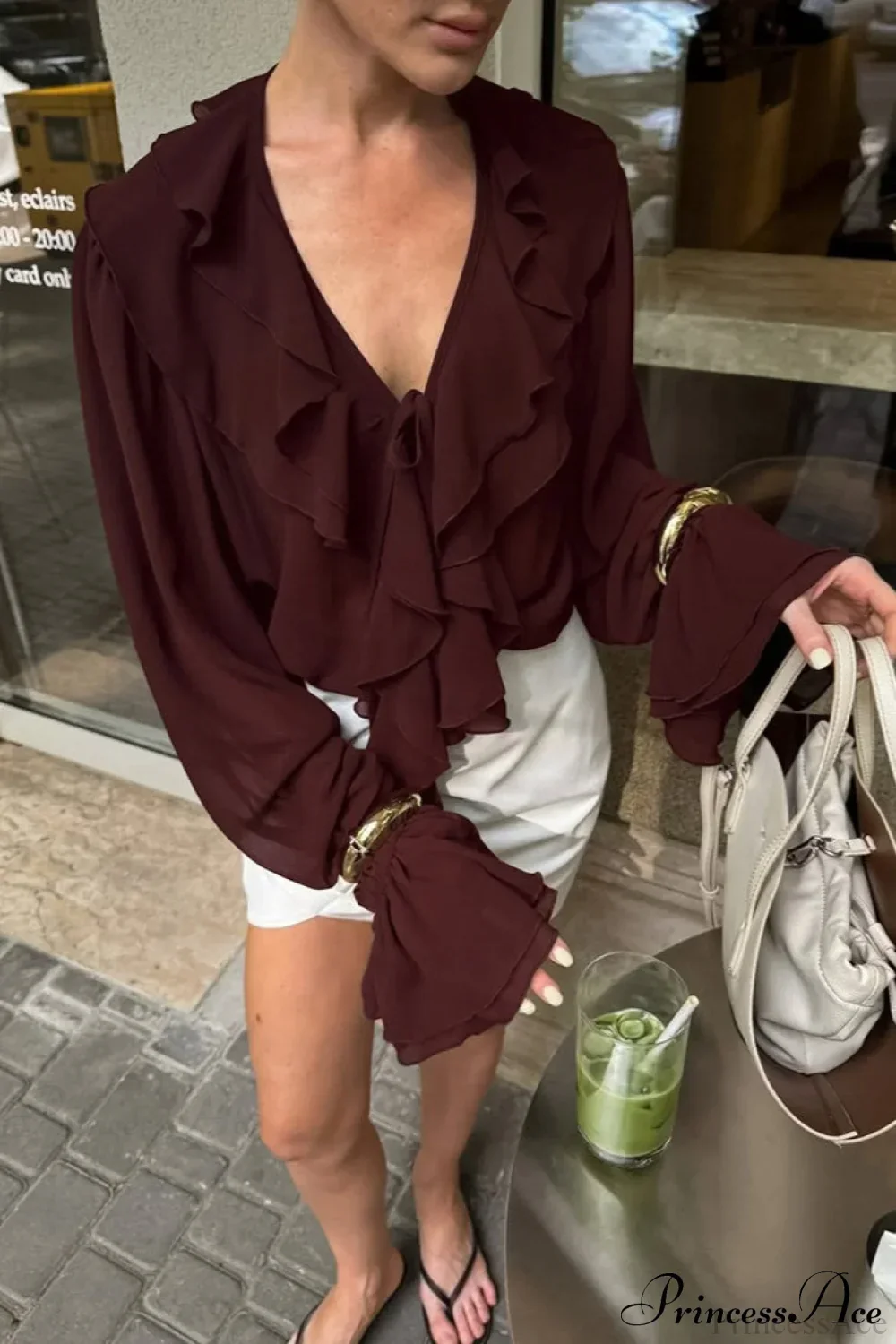 Ruffled V-Neck Long-Sleeve Tie-Waist French Blouse - Image 4