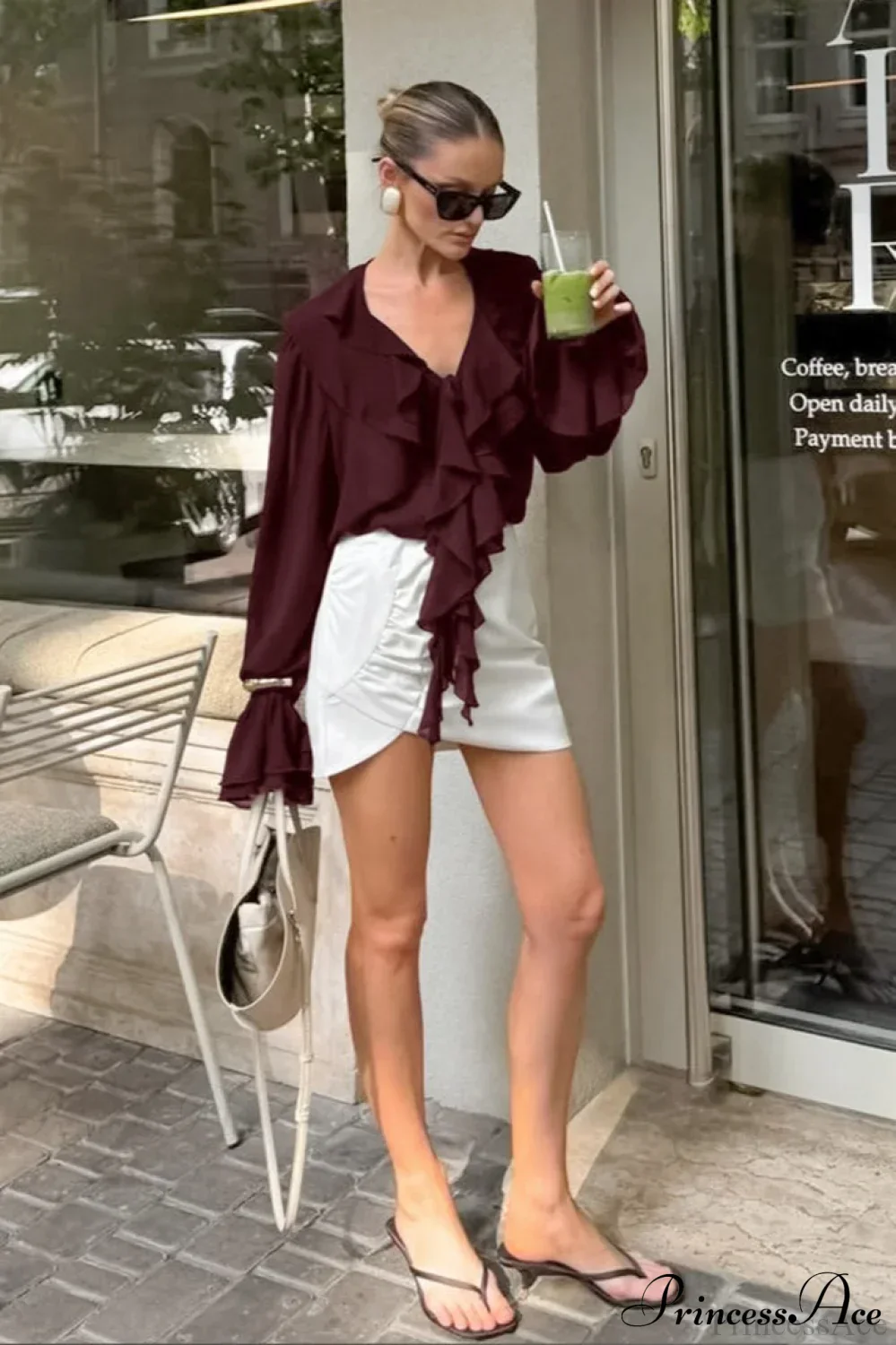 Ruffled V-Neck Long-Sleeve Tie-Waist French Blouse - Image 5