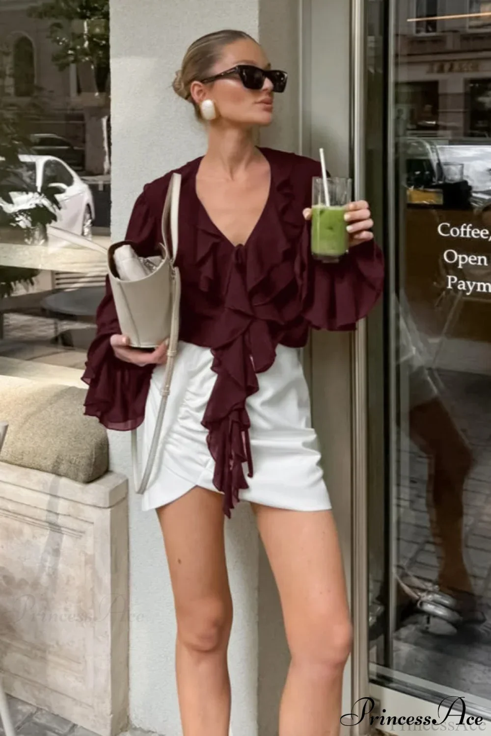 Ruffled V-Neck Long-Sleeve Tie-Waist French Blouse - Image 6