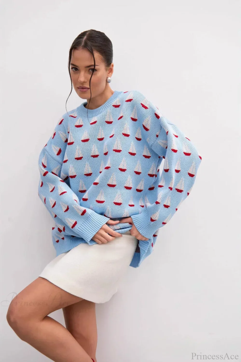 Sailboat Jacquard Loose Lazy Versatile Multi color Pullover Knit Sweater - Image 2