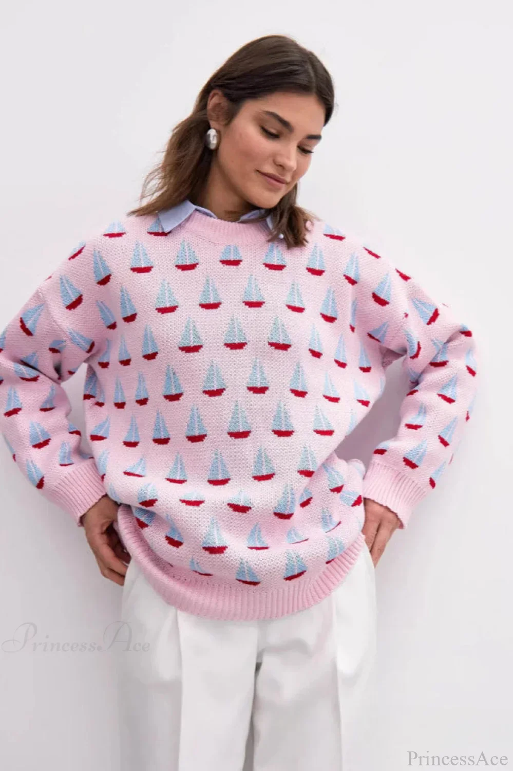 Sailboat Jacquard Loose Lazy Versatile Multi color Pullover Knit Sweater - Image 4