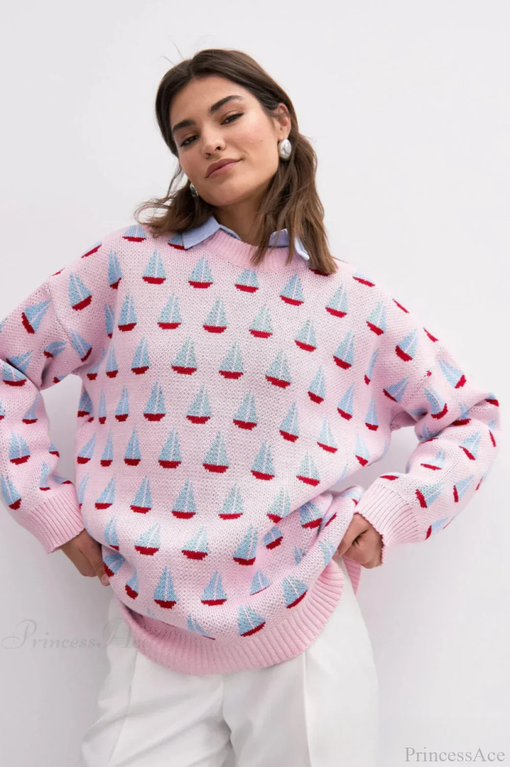 Sailboat Jacquard Loose Lazy Versatile Multi color Pullover Knit Sweater - Image 5