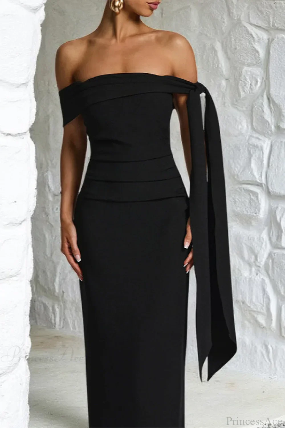 Sash Off Shoulder Split Slim Fitted Maxi Dress - Image 2