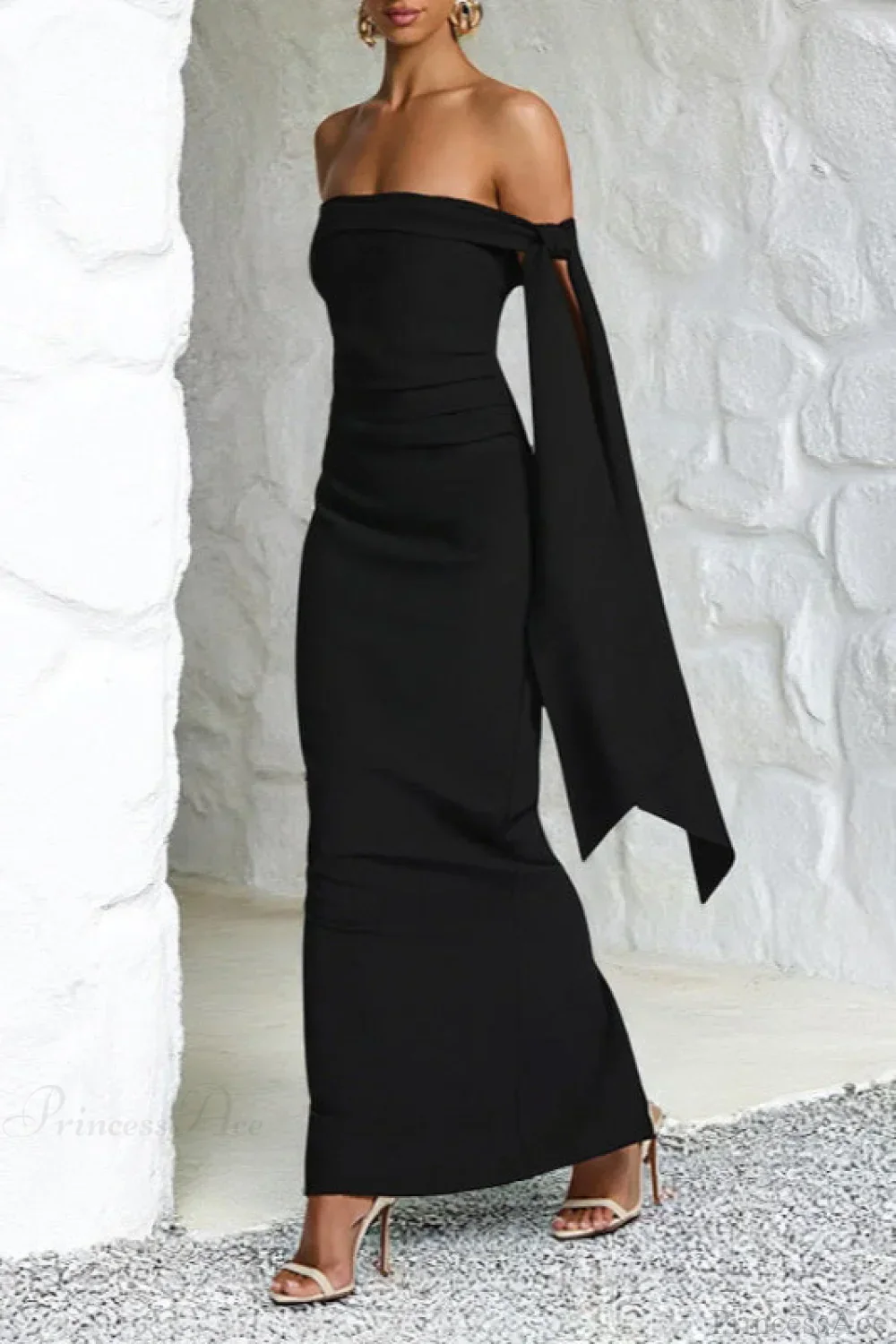 Sash Off Shoulder Split Slim Fitted Maxi Dress - Image 3