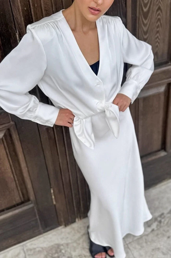 Satin Acetate-like V Neck Tie Long Sleeve Skirt Set - Image 2