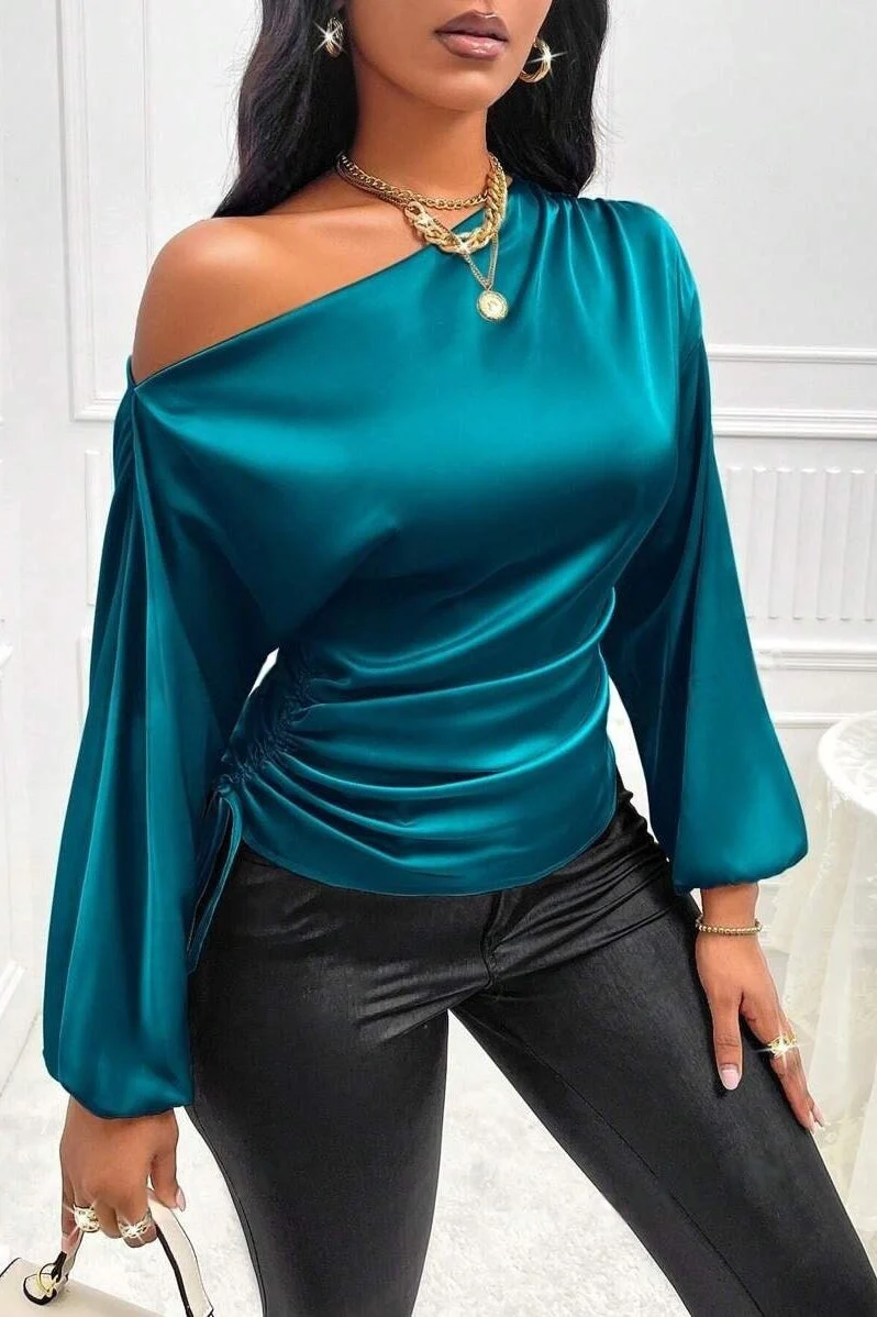 Satin Asymmetric Collar Ruched Waist Long Sleeve Tee - Image 11